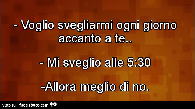 Voglio svegliarmi ogni giorno accanto a te. Mi sveglio alle 5,30. Allora meglio di no
