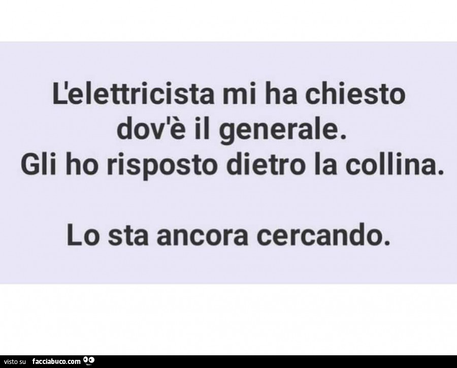 L'elettricista mi ha chiesto dov'è il generale. Gli ho risposto dietro la collina. Lo sta ancora cercando