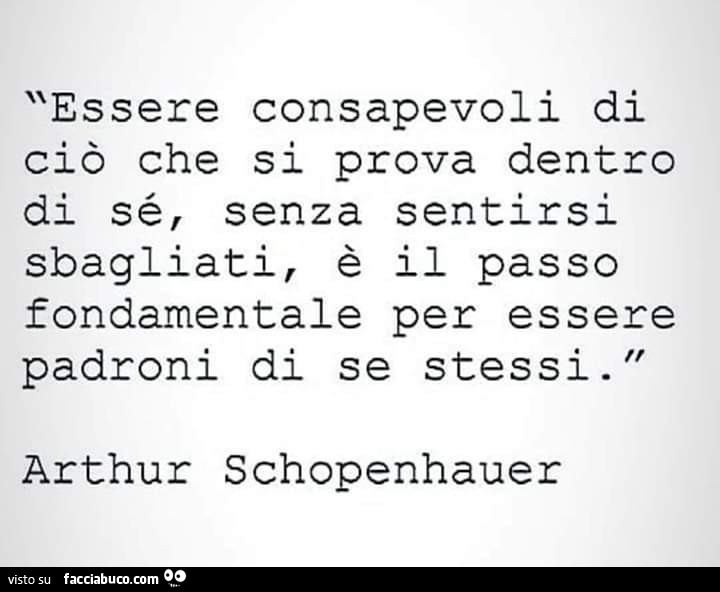 Essere consapevoli di ciò che si prova dentro di sé, senza sentirsi sbagliati, è il passo fondamentale per essere padroni di se stessi. Arthur Schopenhauer