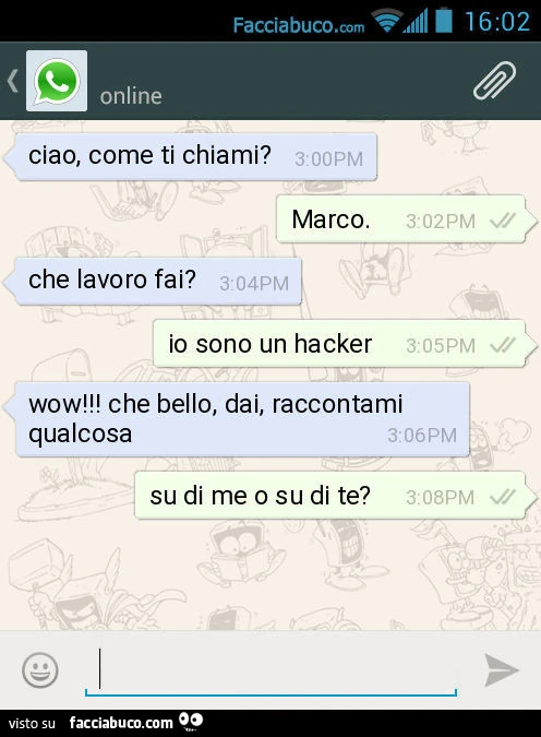Ciao, come ti chiami? Marco. Che lavoro fai? Io sono un hacker. Wow! Che bello, dai, raccontami qualcosa. Su di me o su di te?