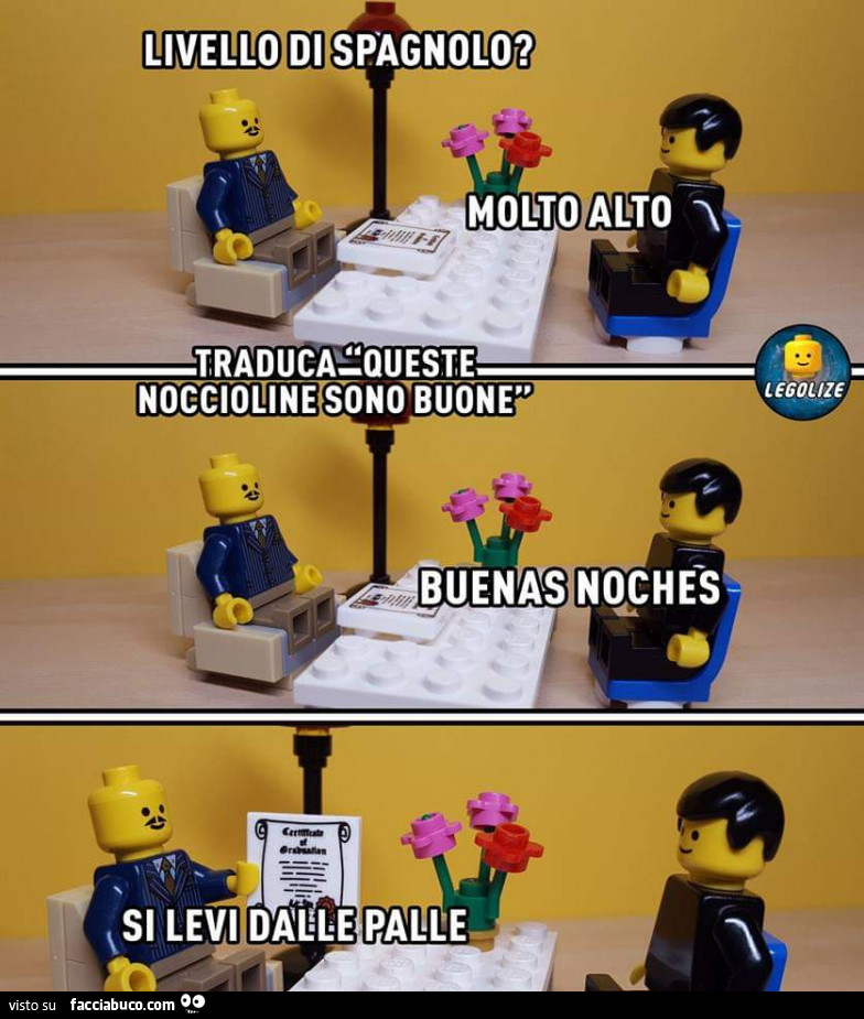 Livello di spagnolo? Molto alto. Traduca queste noccioline sono buone. Buenas noches. Si levi dalle palle