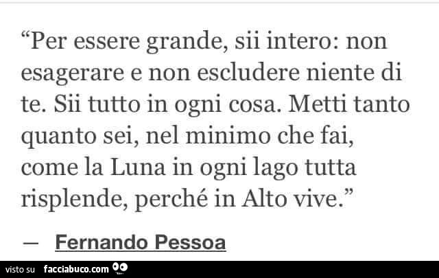 Per essere grande, sii intero: non esagerare e non escludere niente di te. Sii tutto in ogni cosa. Metti tanto quanto sei, nel minimo che fai, come la luna in ogni lago tutta risplende, perché in alto vive. Fernando Pessoa