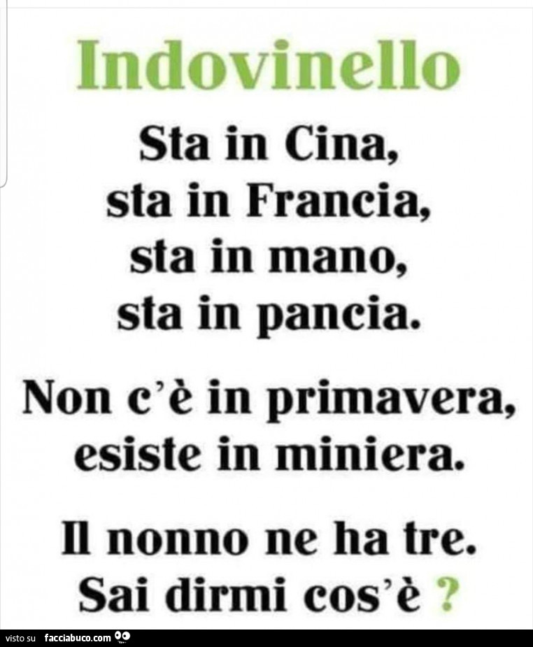 Indovinello sta in cina, sta in francia, sta in mano, sta in pancia. Non c'è in primavera, esiste in miniera. Il nonno ne ha tre. Sai dirmi cos'è