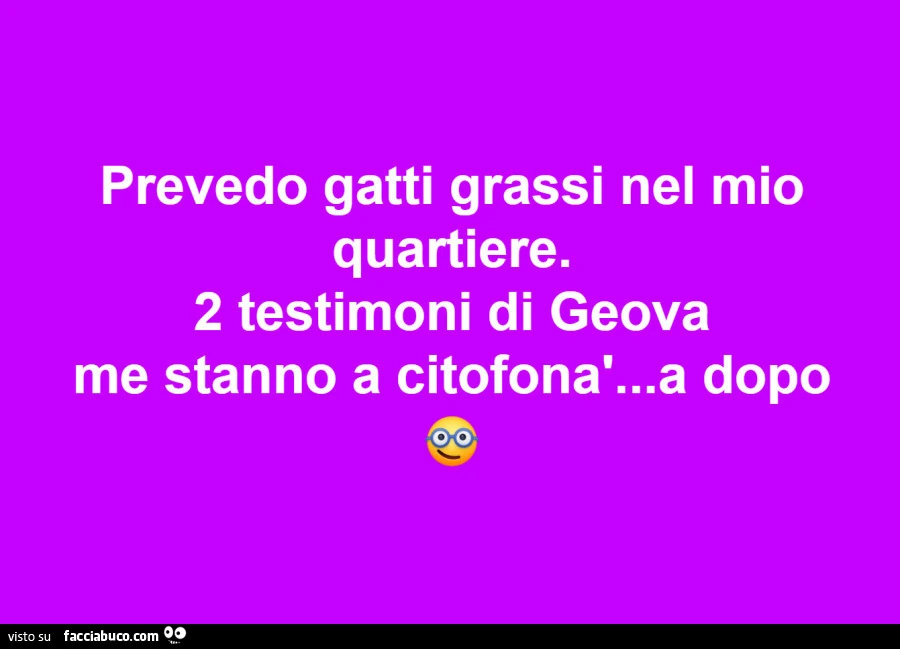 Prevedo gatti grassi nel mio quartiere. 2 testimoni di geova me stanno a citofonà&hellip; a dopo