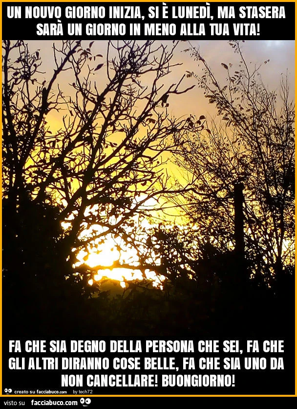 Un nouvo giorno inizia, si è lunedì, ma stasera sarà un giorno in meno alla tua vita! Fa che sia degno della persona che sei, fa che gli altri diranno cose belle, fa che sia uno da non cancellare! Buongiorno