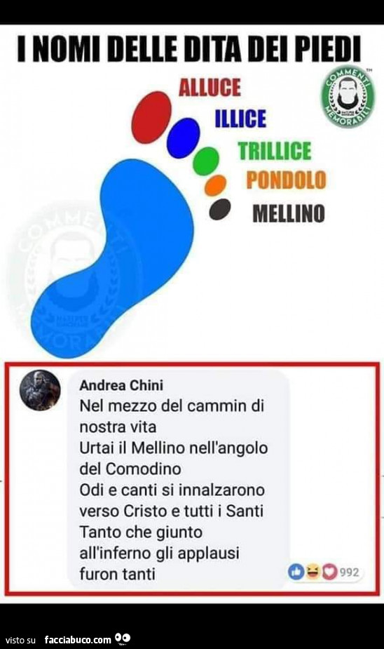 I nomi delle dita dei piedi alluce illice trillice pondolo mellino. Nel mezzo del cammin di nostra vita urtai il mellino nell'angolo del comodino