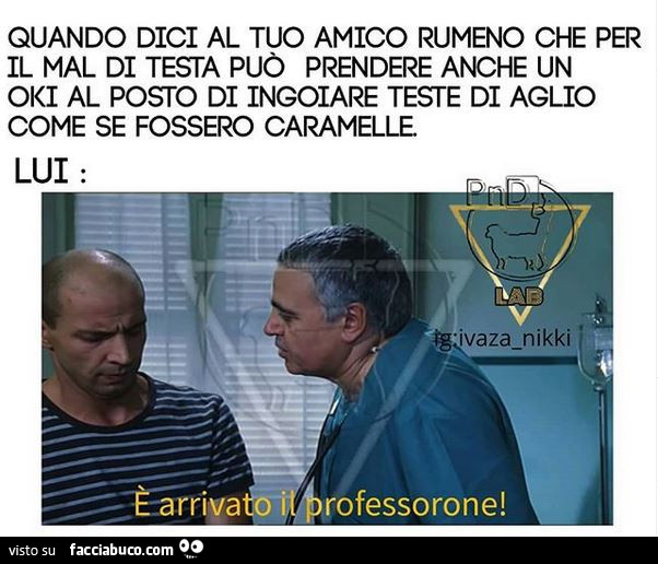 Quando dici al tuo amico rumeno che per il mal di testa può prendere anche un oki al posto di ingoiare teste di aglio come se fossero caramelle. Lui: è arrivato il professorone