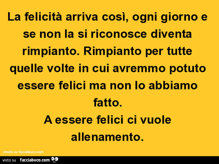 La felicità arriva così, ogni giorno e se non la si riconosce diventa rimpianto. Rimpianto per tutte quelle volte in cui avremmo potuto essere felici ma non lo abbiamo fatto. A essere felici ci vuole allenamento
