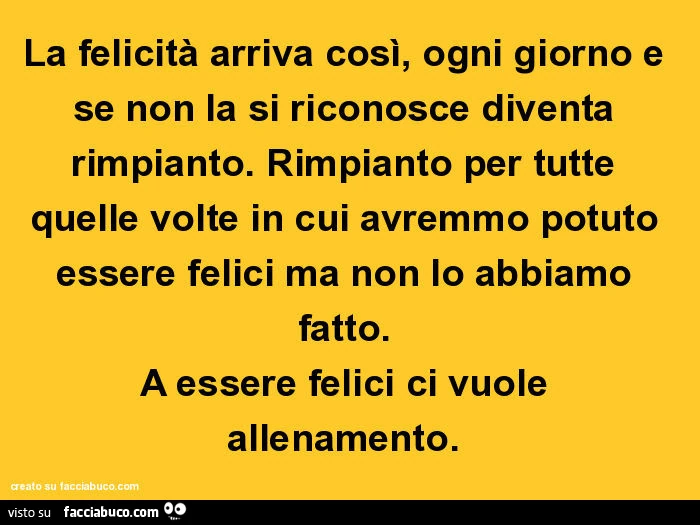 La felicità arriva così, ogni giorno e se non la si riconosce diventa rimpianto. Rimpianto per tutte quelle volte in cui avremmo potuto essere felici ma non lo abbiamo fatto. A essere felici ci vuole allenamento