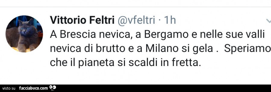 Vittorio Feltri: a brescia nevica, a bergamo e nelle sue valli nevica di brutto e a milano si gela. Speriamo che il pianeta si scaldi in fretta