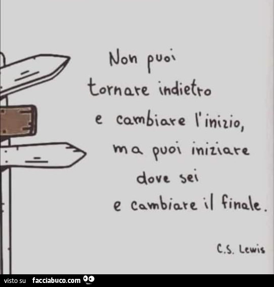 Non puoi tornare indietro e cambiare l'inizio ma puoi iniziare dove sei e cambiare il finale. C. S. Lewis